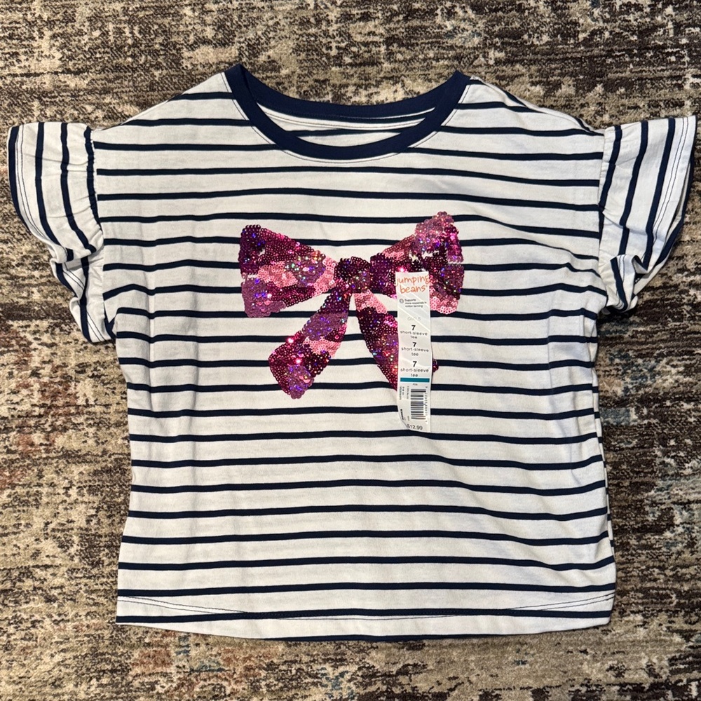 Jumping Beans Navy Striped Tee with Pink Sequin Bow